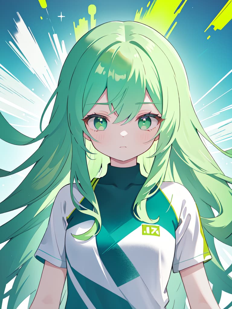  Powerful painting power of green hair semi long hair on small chest of sportswear, masterpiece, best quality,8k,ultra detailed,high resolution,an extremely delicate and beautiful,hyper detail