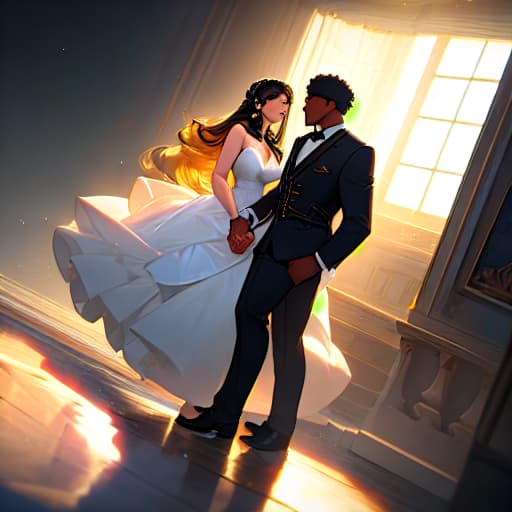  (black man and latina woman couple holding hands), anime, highly detailed, 4k, high quality, trending on art station hyperrealistic, full body, detailed clothing, highly detailed, cinematic lighting, stunningly beautiful, intricate, sharp focus, f/1. 8, 85mm, (centered image composition), (professionally color graded), ((bright soft diffused light)), volumetric fog, trending on instagram, trending on tumblr, HDR 4K, 8K