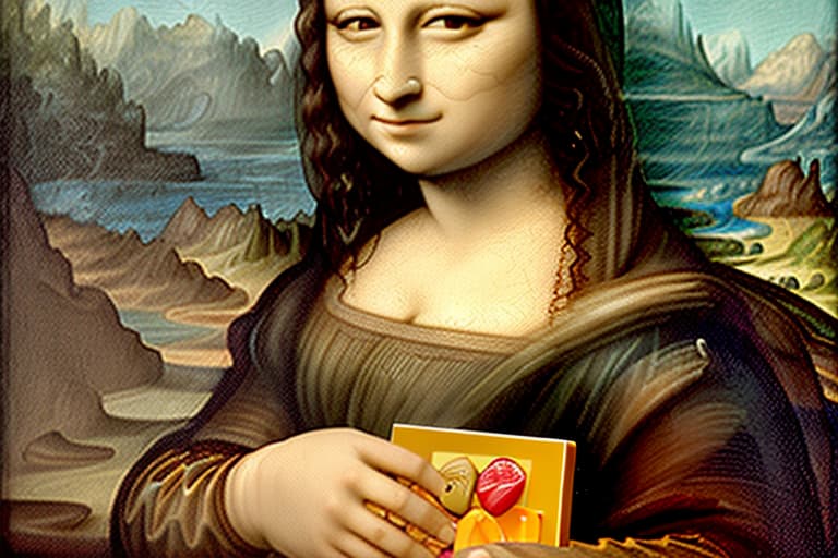  The Mona Lisa holding a white plate of fine dark chocolate candy pieces in her hands. Enlarged background. Painted in the style of Leonardo Da Vinci.