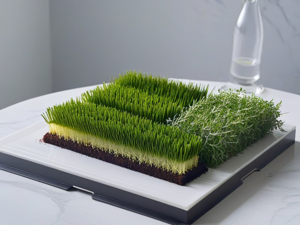  A highresolution, ultradetailed image of a sleek, modern kitchen countertop with an array of meticulously arranged essential plating tools such as precision tweezers, microgreens, edible flowers, and small sauce bottles. The tools are positioned neatly on a pristine white marble surface, creating a visually appealing and minimalist aesthetic that embodies professionalism and sophistication in the art of dessert presentation. Each tool is strategically placed to showcase its importance in achieving impeccable plating for luxurious desserts in the realm of haute cuisine. hyperrealistic, full body, detailed clothing, highly detailed, cinematic lighting, stunningly beautiful, intricate, sharp focus, f/1. 8, 85mm, (centered image composition), (professionally color graded), ((bright soft diffused light)), volumetric fog, trending on instagram, trending on tumblr, HDR 4K, 8K