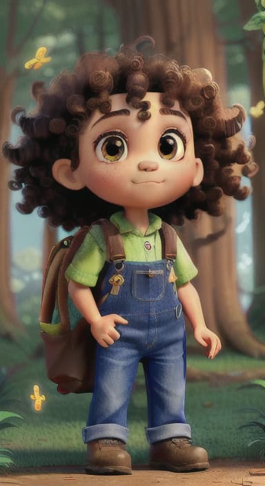  {The tree with a twinkling eye, while its leaves gently rustle., Riley, a curious with big brown eyes and curly hair, wearing overalls and carrying a small backpack. Their friend, Skye, a bluebird with shiny feathers.