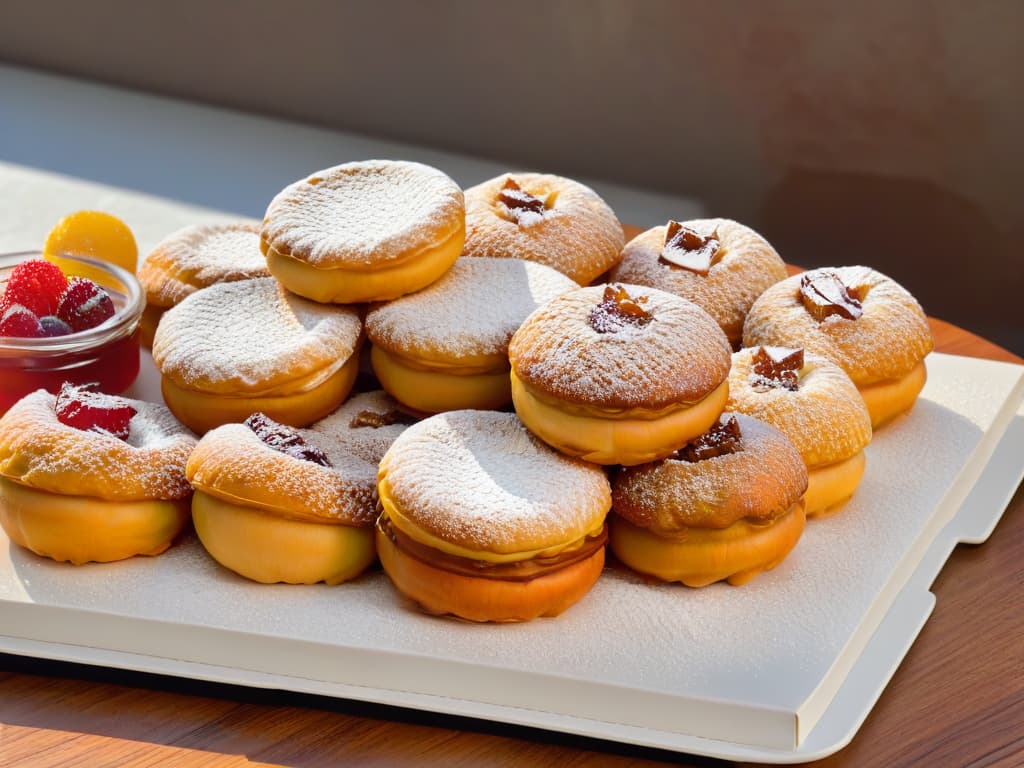  An ultradetailed image of a plate filled with an array of beautifully crafted buñuelos representing various regional variations, each garnished with unique toppings like honey drizzle, powdered sugar, or colorful fruit compotes, set against a sleek, modern backdrop to highlight their intricate textures and vibrant colors. hyperrealistic, full body, detailed clothing, highly detailed, cinematic lighting, stunningly beautiful, intricate, sharp focus, f/1. 8, 85mm, (centered image composition), (professionally color graded), ((bright soft diffused light)), volumetric fog, trending on instagram, trending on tumblr, HDR 4K, 8K