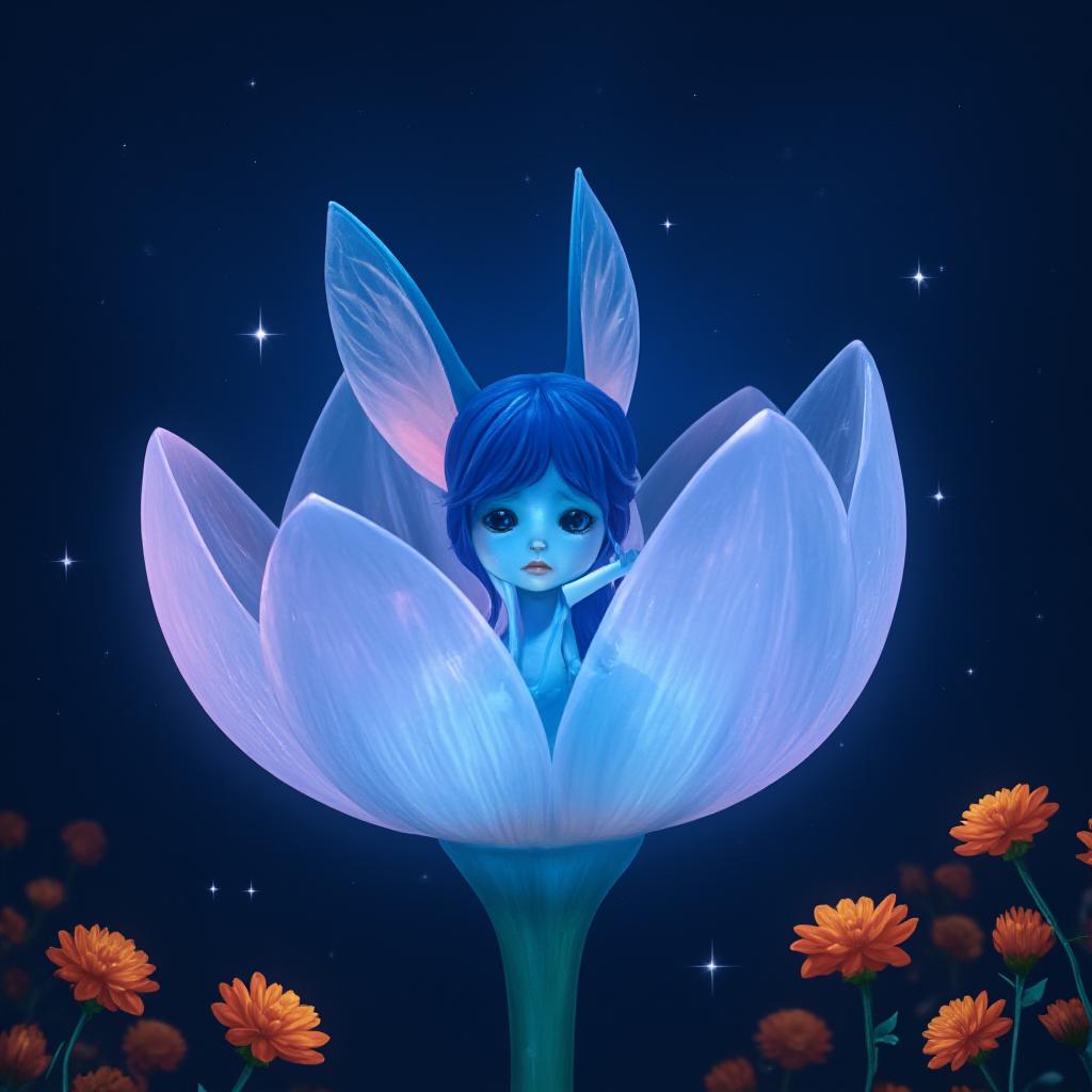  detail, photo, cinscene, dreamwalking a small blue fairy with large ears sitting inside a glowing translucent flower, with a dark blue background and orange flowers in the foreground, the fairy is glowing with blue light, the flower is glowing with pink and purple light. the background is full of small white stars. the fairy has a sad expression. the image should be in a realistic style.