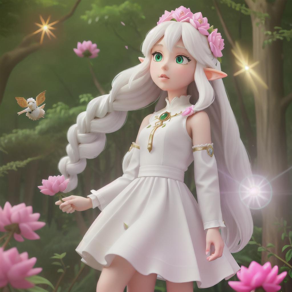  masterpiece, best quality, (masterpiece, best quality, high quality, highres, ultra-detailed), realistic,1 sweet girl, the greater, (side braid:1.1), long hair,((white hair)), leaf hair ornament, elf, green eyes, pale skin, bare shoulders, jewelry, white long dress, (detached sleeves:1.1), bracelet, (looking away:1.2), (hair floating:1.3), from side, (in forest:1.3), (pink flowers:1.1), (falling petals:1.1), (lens flare from right:1.2)