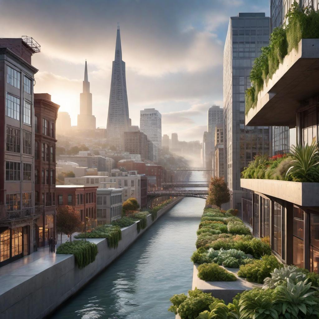  Create an illustration of a city river hardscape in San Francisco, California, with the river made of concrete and flowing smoothly. Include a hydroponic system construction with PVC pipes and foam that act as a base for hydroponic baskets using rockwool as a base material. The primary crop being grown within the hydroponic setup is industrial hemp. The hydroponic system should be engineered to be adjustable in height using rope wires. The overall design should incorporate recognizable elements that are distinctive of San Francisco's architecture and cityscape. hyperrealistic, full body, detailed clothing, highly detailed, cinematic lighting, stunningly beautiful, intricate, sharp focus, f/1. 8, 85mm, (centered image composition), (professionally color graded), ((bright soft diffused light)), volumetric fog, trending on instagram, trending on tumblr, HDR 4K, 8K