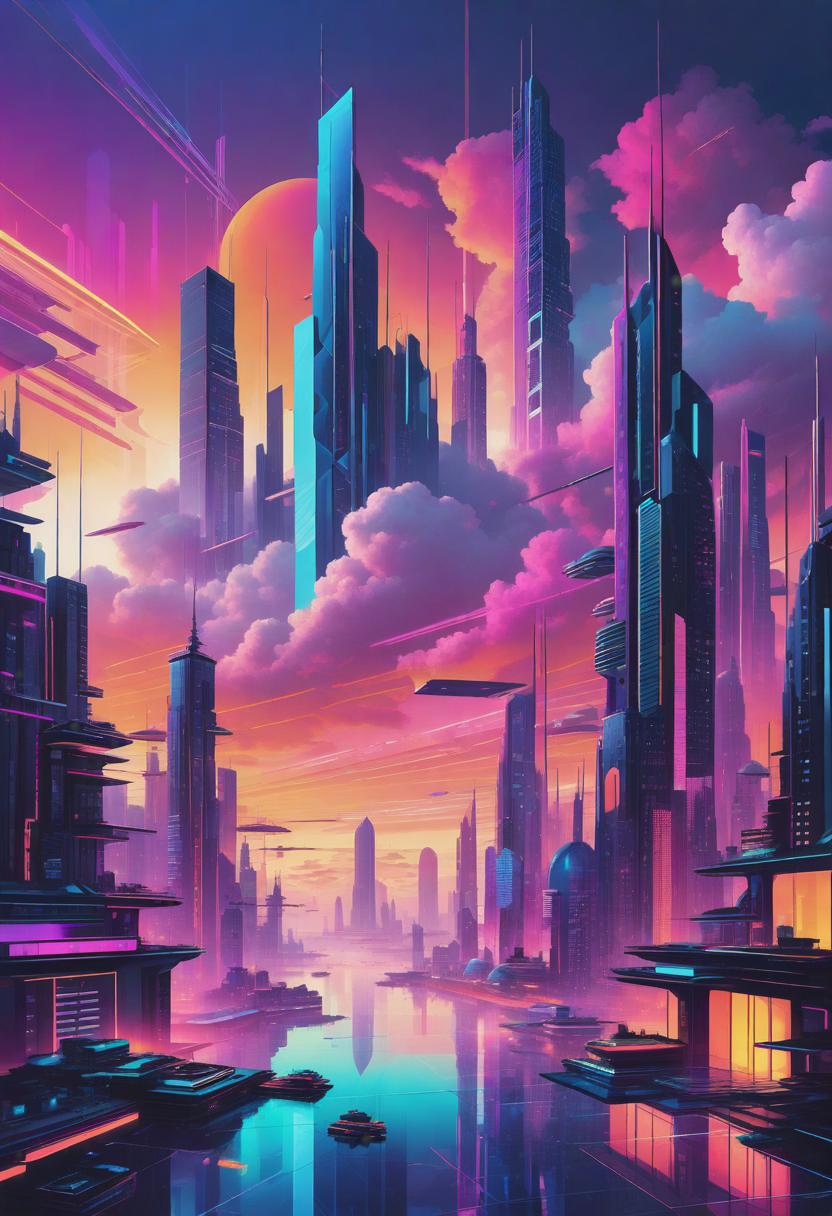  1. A vibrant, futuristic cityscape at dusk, with towering skyscrapers illuminated by neon lights in a cyberpunk style. 

2. An abstract composition of geometric shapes, rendered in bold, vibrant colors and sharp lines, reminiscent of Op Art.

3. A surreal, dreamlike landscape of floating islands and swirling clouds, rendered in a whimsical, painterly style with soft, pastel colors.

4. A glitchy, distorted portrait of a person, their features fragmented and pixelated, symbolizing the merging of technology and human identity.

5. A serene, tranquil beach scene at sunset, with soft, glowing colors and gentle brushstrokes resembling an impressionist painting.

6. A cosmic, otherworldly scene of swirling galaxies and nebulae, rendered in rich,  hyperrealistic, full body, detailed clothing, highly detailed, cinematic lighting, stunningly beautiful, intricate, sharp focus, f/1. 8, 85mm, (centered image composition), (professionally color graded), ((bright soft diffused light)), volumetric fog, trending on instagram, trending on tumblr, HDR 4K, 8K