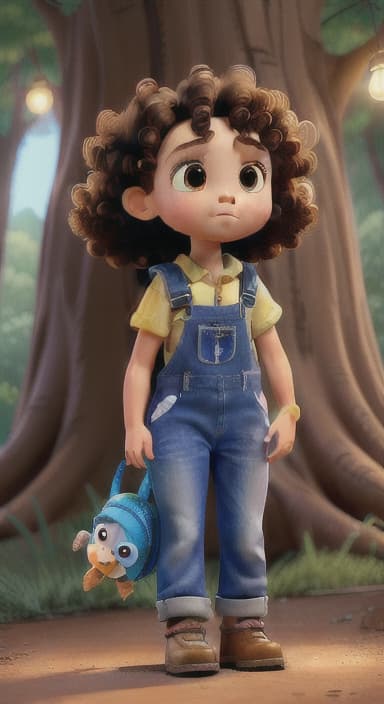  {The tree shining brightly and releasing a gentle, magical light., Riley, a curious with big brown eyes and curly hair, wearing overalls and carrying a small backpack. Their friend, Skye, a bluebird with shiny feathers.