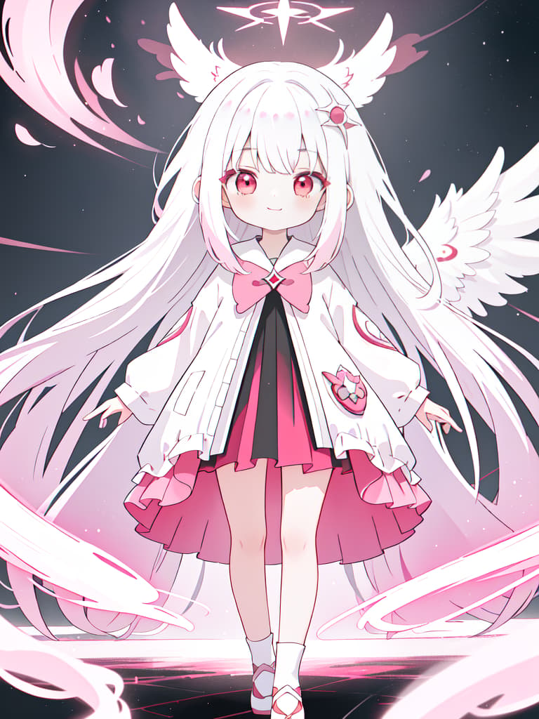  1 Girl, solo, white hair, hair tip dark pink, gradation, twosideup, long hair, angel, smile, whole body, standing picture, red eyes, masterpiece, best quality,8k,ultra detailed,high resolution,an extremely delicate and beautiful,hyper detail