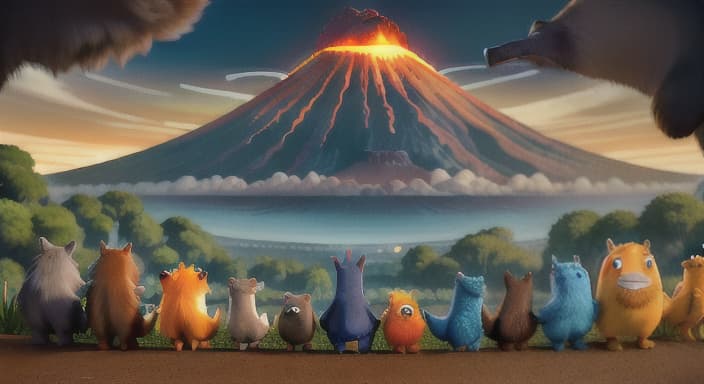  {Jake and his animal friends watching from a safe distance as the volcano erupted., Jake's smile beamed with pride, surrounded by thankful animals.