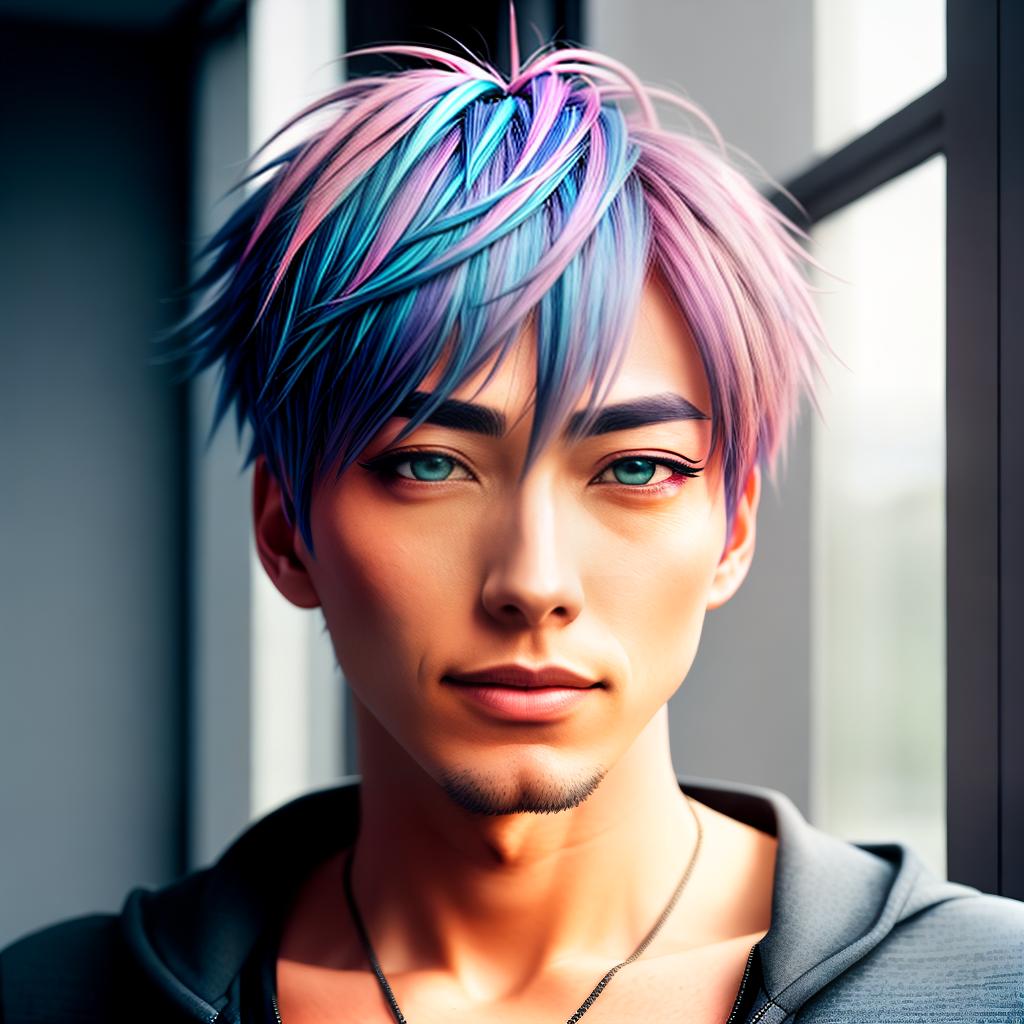  anime boy with multicolored hair and gray clothes looks thoughtfully at the light from the window, RTX, full hd, detailed hyperrealistic, full body, detailed clothing, highly detailed, cinematic lighting, stunningly beautiful, intricate, sharp focus, f/1. 8, 85mm, (centered image composition), (professionally color graded), ((bright soft diffused light)), volumetric fog, trending on instagram, trending on tumblr, HDR 4K, 8K