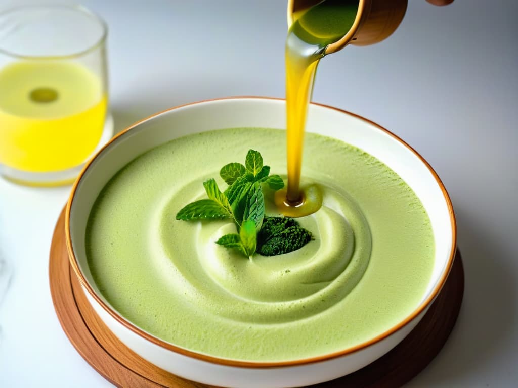  A closeup, ultradetailed image of a delicate green matcha powder being sifted over a perfectly smooth and creamy matchaflavored panna cotta in a sleek, modern white bowl. The vibrant green color of the matcha contrasts beautifully with the soft white of the dessert, highlighting the meticulous presentation and attention to detail in creating a healthy and flavorful matchainfused dessert. hyperrealistic, full body, detailed clothing, highly detailed, cinematic lighting, stunningly beautiful, intricate, sharp focus, f/1. 8, 85mm, (centered image composition), (professionally color graded), ((bright soft diffused light)), volumetric fog, trending on instagram, trending on tumblr, HDR 4K, 8K