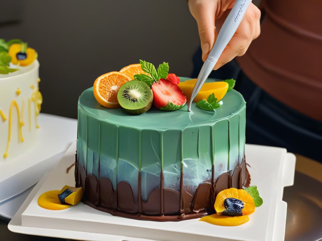  A photorealistic image of a beginner's hand holding a paintbrush delicately creating intricate edible art on a cake. The focus is on the precise brushstrokes as vibrant edible colors blend seamlessly on the smooth surface of the cake, showcasing the artistry and precision required in edible painting techniques. The background subtly fades out to keep the attention on the detailed handiwork, emphasizing the skill and dedication needed for creating edible masterpieces. hyperrealistic, full body, detailed clothing, highly detailed, cinematic lighting, stunningly beautiful, intricate, sharp focus, f/1. 8, 85mm, (centered image composition), (professionally color graded), ((bright soft diffused light)), volumetric fog, trending on instagram, trending on tumblr, HDR 4K, 8K