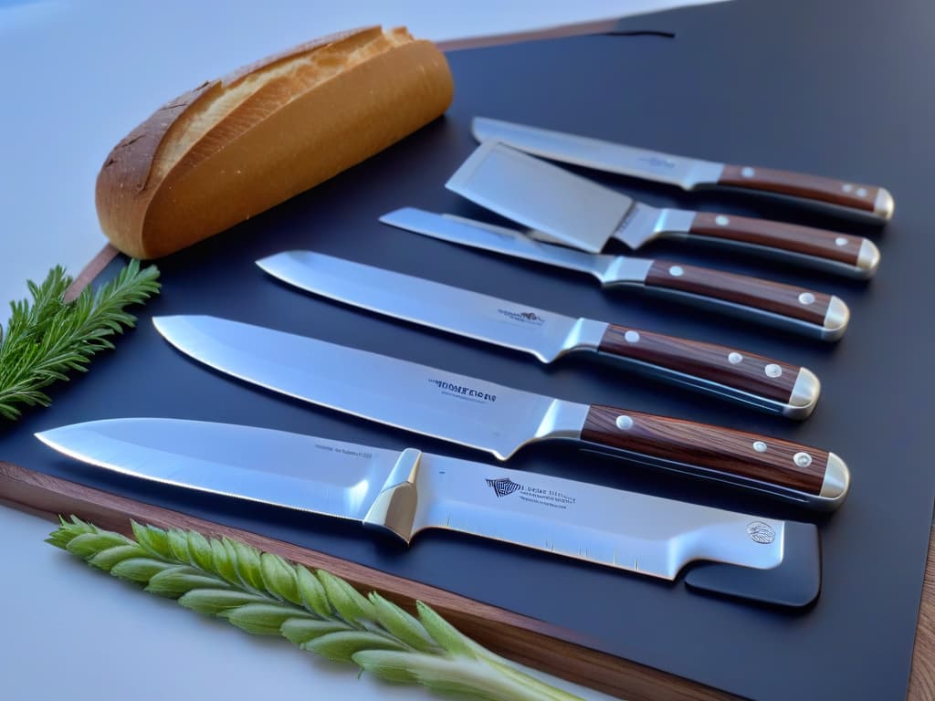  A highresolution, ultradetailed image of an exquisite set of pastry knives arranged neatly on a sleek, reflective surface. The knives, with razorsharp edges and ergonomic handles, gleam under soft, focused lighting, showcasing their precision and craftsmanship. Each knife is strategically positioned to highlight its unique design, from the delicate serrations on the bread knife to the fine point of the paring knife. The background is a subtle gradient that enhances the knives' elegance without distracting from their beauty, embodying the epitome of quality and sophistication in pastry tools. hyperrealistic, full body, detailed clothing, highly detailed, cinematic lighting, stunningly beautiful, intricate, sharp focus, f/1. 8, 85mm, (centered image composition), (professionally color graded), ((bright soft diffused light)), volumetric fog, trending on instagram, trending on tumblr, HDR 4K, 8K