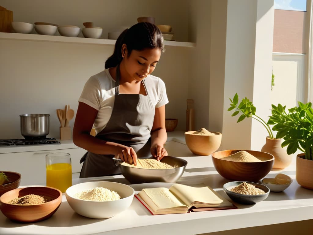  A serene, minimalistic image of a person baking in a sunlit kitchen, surrounded by bowls of ingredients neatly organized, a stack of recipe books on the counter, and a small plant in the background. The focus is on the person's hands gently folding batter in a mixing bowl, with soft natural light casting gentle shadows, creating a calm and mindful atmosphere. hyperrealistic, full body, detailed clothing, highly detailed, cinematic lighting, stunningly beautiful, intricate, sharp focus, f/1. 8, 85mm, (centered image composition), (professionally color graded), ((bright soft diffused light)), volumetric fog, trending on instagram, trending on tumblr, HDR 4K, 8K