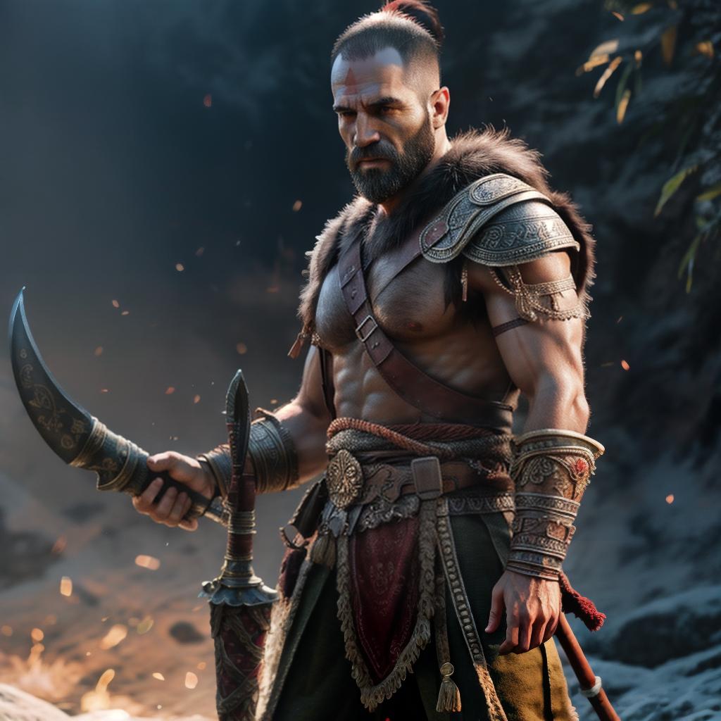  God of war hyperrealistic, full body, detailed clothing, highly detailed, cinematic lighting, stunningly beautiful, intricate, sharp focus, f/1. 8, 85mm, (centered image composition), (professionally color graded), ((bright soft diffused light)), volumetric fog, trending on instagram, trending on tumblr, HDR 4K, 8K