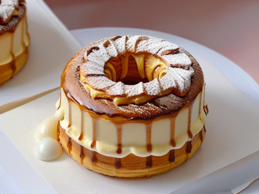  A closeup, ultradetailed image of a perfectly crafted cronut, showcasing its flaky layers, glossy glaze, and delicate sprinkling of toppings. The photo is captured from a slightly elevated angle, emphasizing the intricate texture and goldenbrown color of the pastry. The background is a soft, neutral tone to enhance the minimalistic feel, allowing the viewer to focus solely on the exquisite details of the cronut. hyperrealistic, full body, detailed clothing, highly detailed, cinematic lighting, stunningly beautiful, intricate, sharp focus, f/1. 8, 85mm, (centered image composition), (professionally color graded), ((bright soft diffused light)), volumetric fog, trending on instagram, trending on tumblr, HDR 4K, 8K