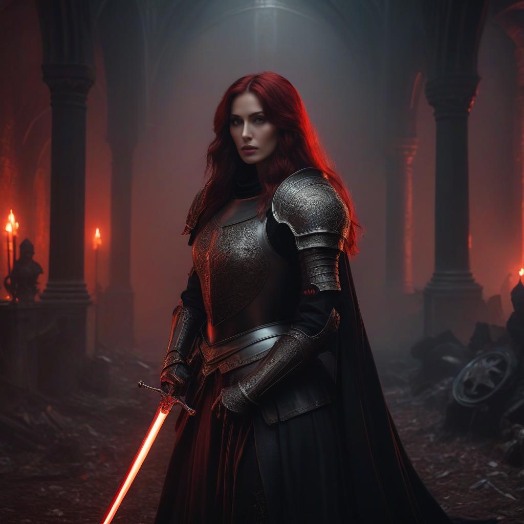  macabre style Create an image in a fantasy style depicting the following scene: 1. Central figures: A knight in dark armor with a closed helmet. A woman with long loose hair, radiating a warm red light, gently embraces the knight from behind. 2. Details of the knight: Dark, heavy armor with visible signs of battle and damage. The knight holds a large sword, leaning on it as if he were resting or deep in thought. A black cloak or mantle covers the knight, adding drama and mystery. 3. Details of the woman: The woman exudes a soft, red light, her skin and hair look ethereal, almost ghostly. Her eyes are closed, her expression peaceful and serene. 4. Background and surroundings: A dark, mysterious ba hyperrealistic, full body, detailed clothing, highly detailed, cinematic lighting, stunningly beautiful, intricate, sharp focus, f/1. 8, 85mm, (centered image composition), (professionally color graded), ((bright soft diffused light)), volumetric fog, trending on instagram, trending on tumblr, HDR 4K, 8K