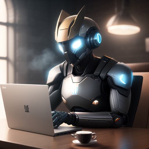  a bot that sits at a table and uses a laptop. The bot is sitting in a cafe. There is a mug of coffee on the table. hyperrealistic, full body, detailed clothing, highly detailed, cinematic lighting, stunningly beautiful, intricate, sharp focus, f/1. 8, 85mm, (centered image composition), (professionally color graded), ((bright soft diffused light)), volumetric fog, trending on instagram, trending on tumblr, HDR 4K, 8K