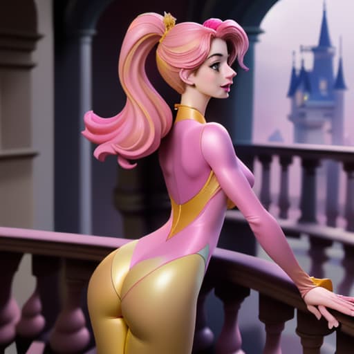  Anne Hathaway as Disney-like with amazing figures in bodytight,glittering,pink-yellow skinny short silk seen from the back showing some , deep over balcony of her palace