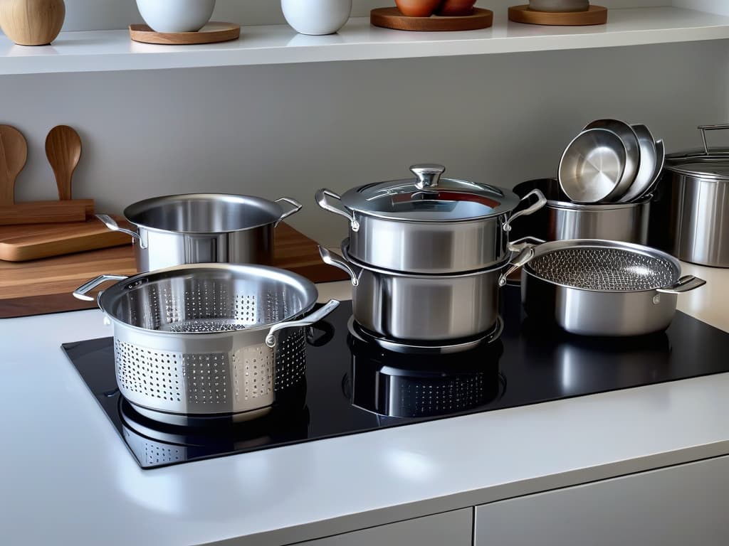  An ultrahighresolution image of a sleek, modern kitchen with a marble countertop showcasing an array of various highquality sifters and sieves neatly arranged in a row. The sifters are made of stainless steel with ergonomic handles, and the design is elegant and minimalistic, emphasizing their quality and functionality. The soft lighting in the kitchen highlights the smooth texture and reflective surface of the sifters, creating a visually appealing and professional image that conveys the essence of selecting topnotch sifters for perfect doughs and cakes. hyperrealistic, full body, detailed clothing, highly detailed, cinematic lighting, stunningly beautiful, intricate, sharp focus, f/1. 8, 85mm, (centered image composition), (professionally color graded), ((bright soft diffused light)), volumetric fog, trending on instagram, trending on tumblr, HDR 4K, 8K