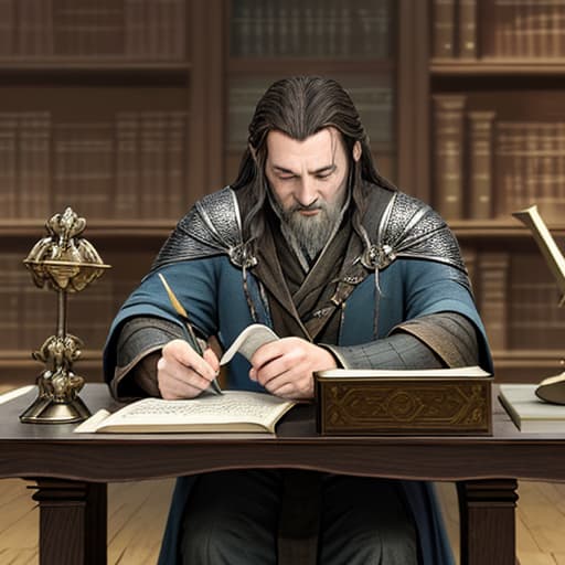  king isildur writing history in library, middle earth style，