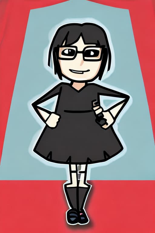  Geeky, stick figure, has anxious strained face, nervous smil, stringy straight black medium length hair, wearing a generic nondescript triangle dress outfit, with cape, afraid, nerdy, no symbol on-dress, plain mask over eyes, standing forward in a power pose, cartoon I