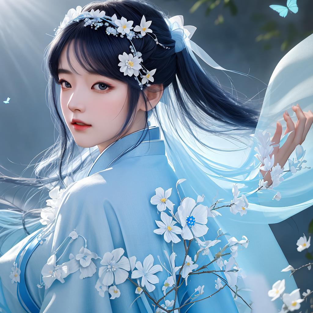  masterpiece, best quality, (Fidelity: 1.4), Best Quality, Masterpiece, Ultra High Resolution, Poster, Fantasy Art, Very Detailed Faces, 8k resolution, Chinese Style, An woman, Side Face, Quiet, Light Blue Hanfu, Tulle Coat, Long Black Hair, Light Blue Fringed Hair Ornament, Hairpin, White Ribbon, White Flower Bush, Light Blue Butterfly Flying, cinematic lighting effects