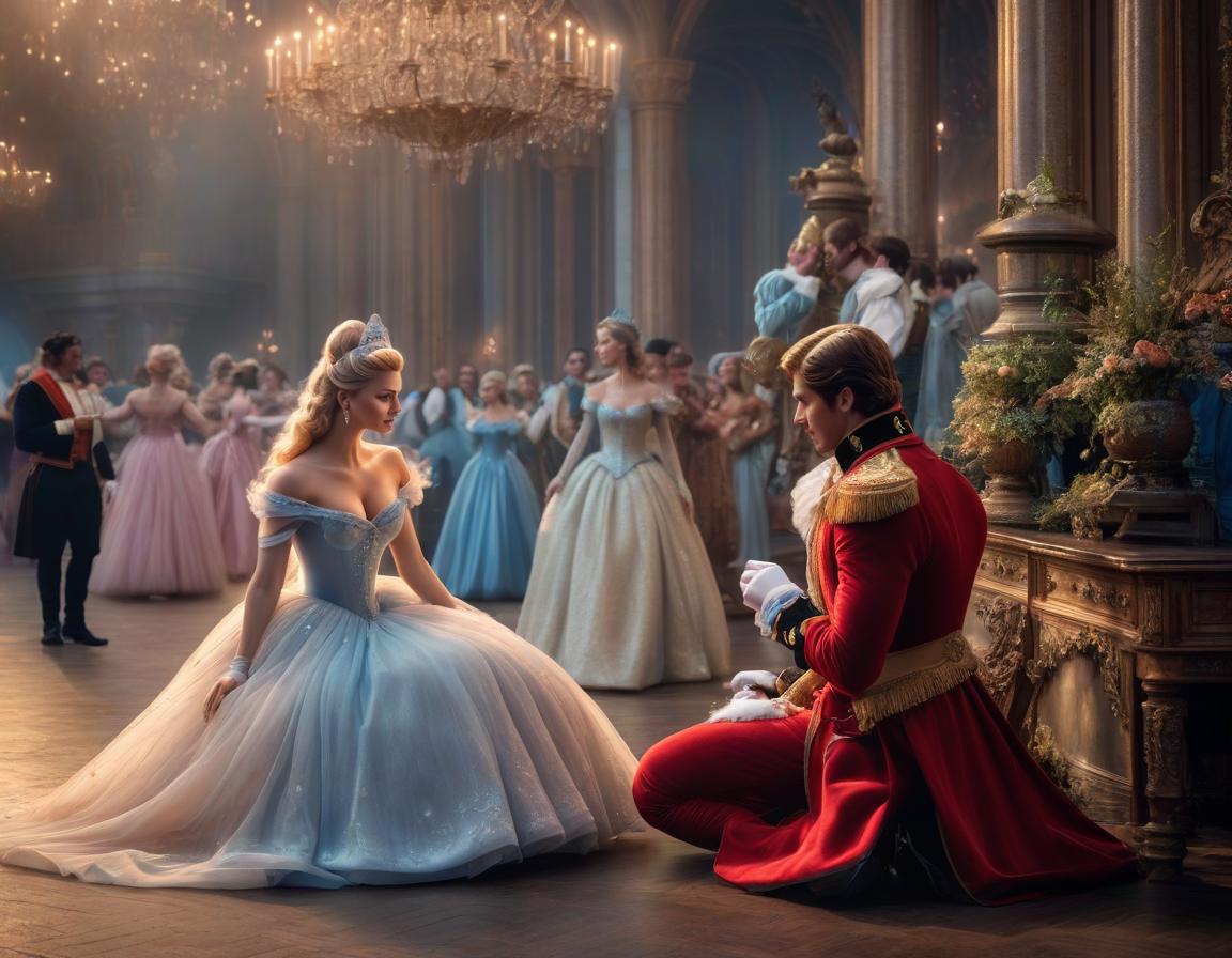  Cinderella met the prince at the ball hyperrealistic, full body, detailed clothing, highly detailed, cinematic lighting, stunningly beautiful, intricate, sharp focus, f/1. 8, 85mm, (centered image composition), (professionally color graded), ((bright soft diffused light)), volumetric fog, trending on instagram, trending on tumblr, HDR 4K, 8K