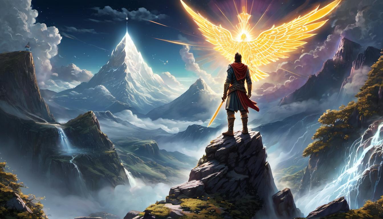  digital illustration, A radiant, transformed figure standing on a peak, light emanating outward, other figures following path of light, beacon, guidance, looking at viewer, dynamic pose, (intricate details, masterpiece, best quality)