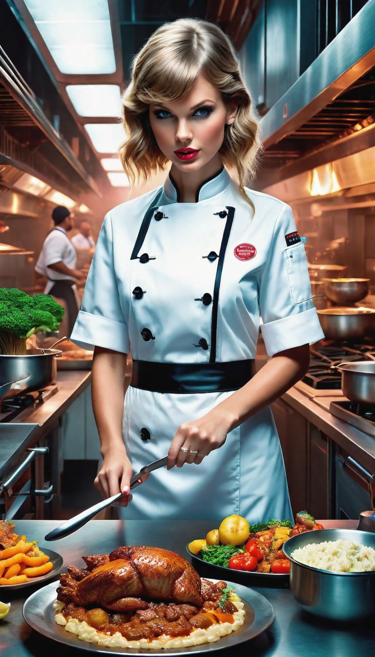  Cyberpunk style depiction of Taylor Swift as a chef. The scene is set in a world where technology has advanced, but society and human conditions have not, creating a gritty, dystopian atmosphere. hyperrealistic, full body, detailed clothing, highly detailed, cinematic lighting, stunningly beautiful, intricate, sharp focus, f/1. 8, 85mm, (centered image composition), (professionally color graded), ((bright soft diffused light)), volumetric fog, trending on instagram, trending on tumblr, HDR 4K, 8K