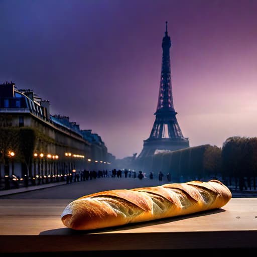  baguettes, Paris in the background, dark purple colors, hdr, highly detailed hyperrealistic, full body, detailed clothing, highly detailed, cinematic lighting, stunningly beautiful, intricate, sharp focus, f/1. 8, 85mm, (centered image composition), (professionally color graded), ((bright soft diffused light)), volumetric fog, trending on instagram, trending on tumblr, HDR 4K, 8K