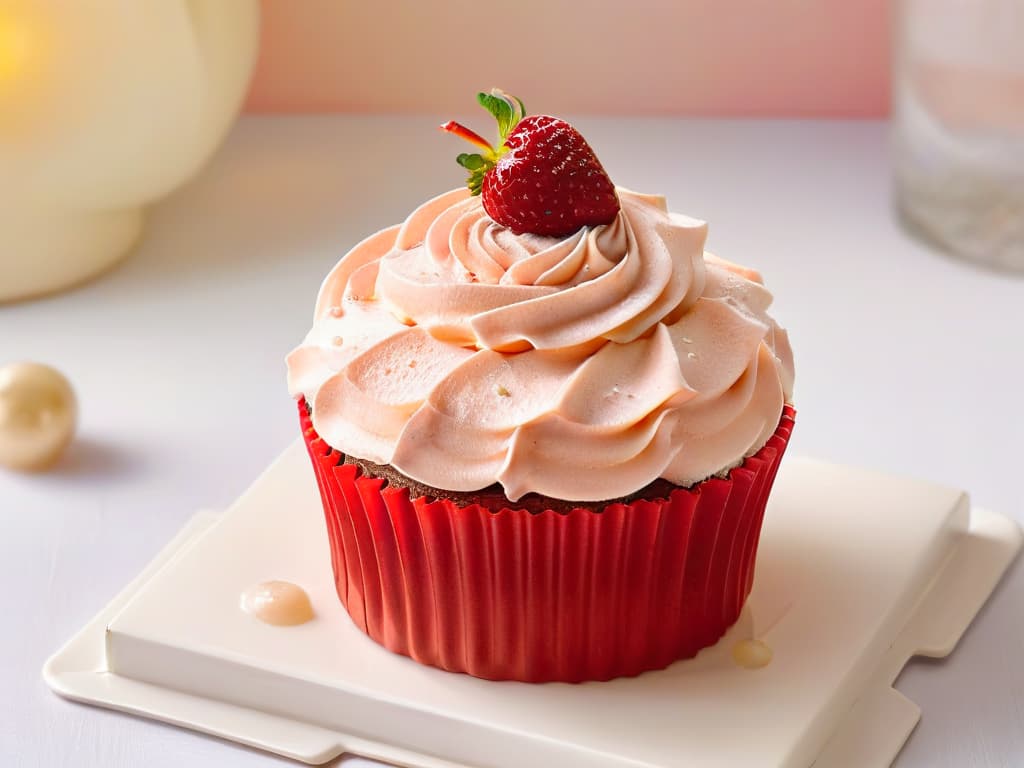  A highresolution, 8k ultradetailed image of a single elegant cupcake adorned with delicate champagneinfused frosting topped with a fresh, vibrant strawberry glistening with droplets of dew. The cupcake is placed on a pristine white ceramic plate, set against a soft, pastel pink background that exudes a sense of sophistication and celebration. The lighting is subtle yet highlighting the intricate details of the cupcake, showcasing its luxurious simplicity and inviting the viewer to savor the exquisite combination of flavors visually. hyperrealistic, full body, detailed clothing, highly detailed, cinematic lighting, stunningly beautiful, intricate, sharp focus, f/1. 8, 85mm, (centered image composition), (professionally color graded), ((bright soft diffused light)), volumetric fog, trending on instagram, trending on tumblr, HDR 4K, 8K