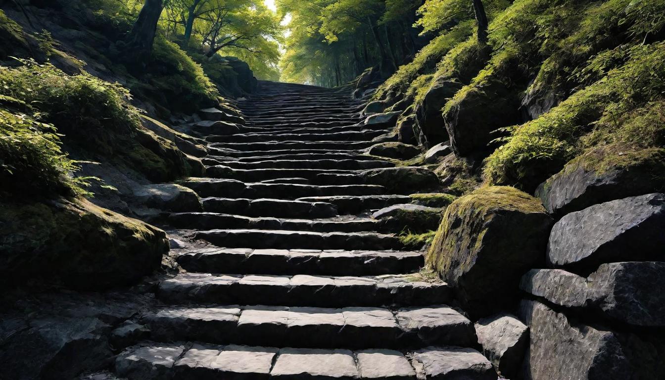  （surrealism)A series of intricately carved stone steps, ascending into the sky, light growing brighter with each step upwards, shadows of darkness lingering below, ethereal glow, transcendence, elevation mystic, intricate details, best quality)