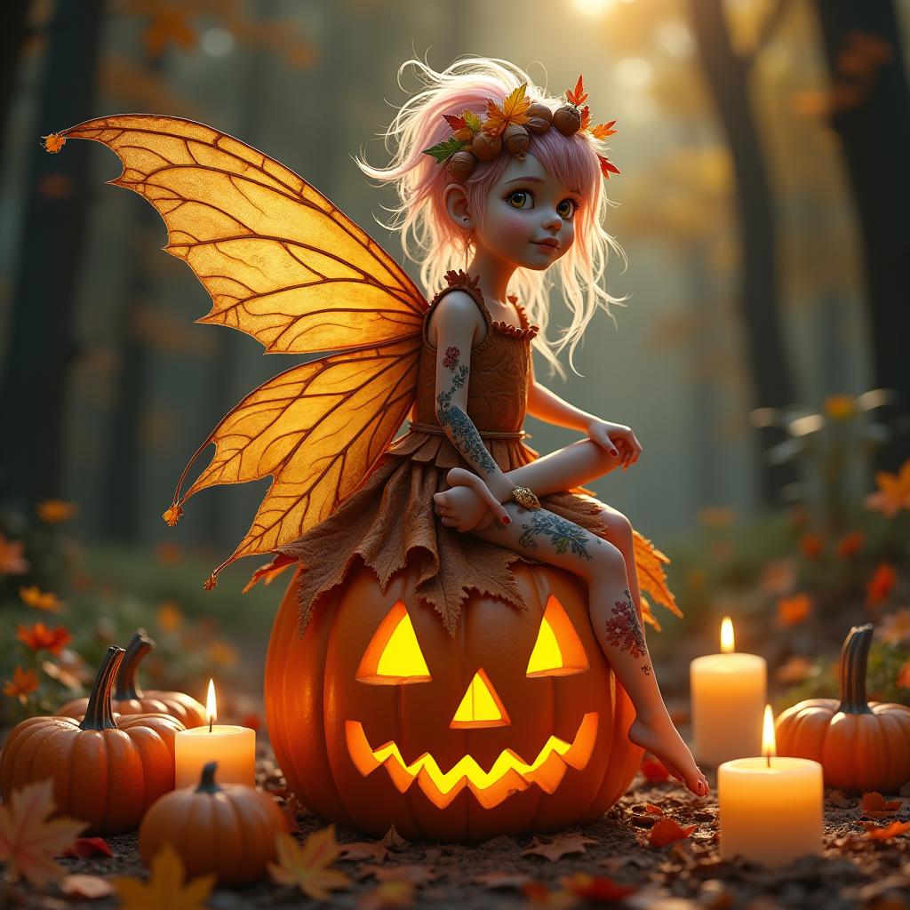  good quality, high quality, create a captivating scene featuring a fairy resting on a glowing, carved pumpkin amidst a magical autumn forest. the fairy has a mix of soft, flowing hair adorned with a crown of fiery autumn leaves and acorns, while her wings shimmer with delicate veins and colorful fall hues. she wears a rustic, leaf styled dress. blending with her natural elements, she also showcases a modern punk aesthetic: a mohawk of pastel pinks and purples, floral tattoos winding around her arms, and small, shimmering piercings. her wings are a blend of fragile, transparent leaves with metallic accents, mixing soft nature with edgy detail. surround the scene with glowing candles, pumpkins, and autumn foliage, adding a mysti