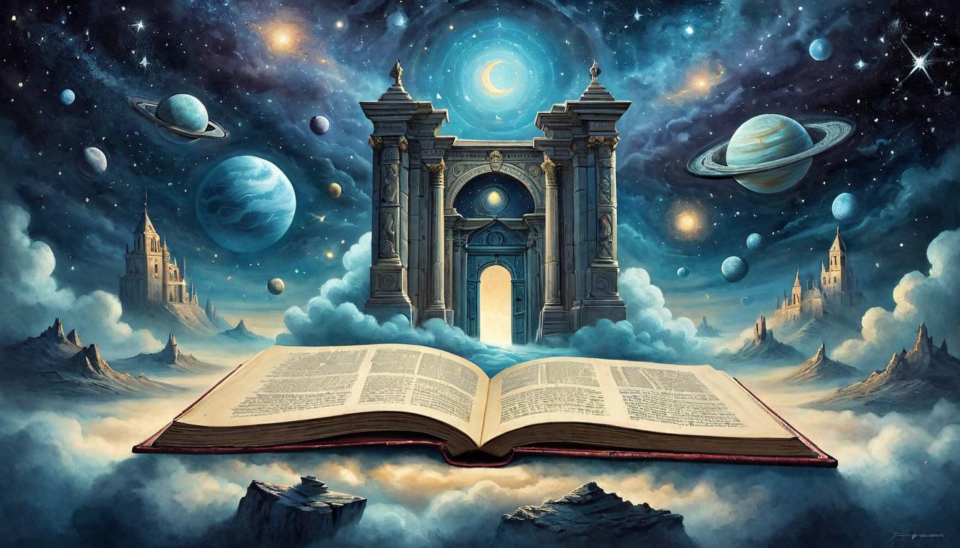  on parchment, surrealism+++, Glowing books floating against a backdrop of an infinite cosmic sky, portals of light behind each book, suggesting doorways to other dimensions, otherworldly, inviting, gateway to the unknown(mysterious, provocative, symbolic,muted color)+++