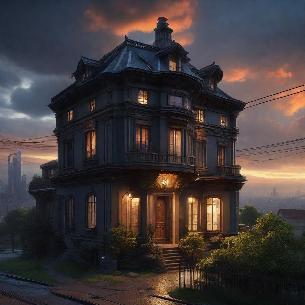  What my house looks like , night clouds, above city, atmospheric lighting, Octane Render a fantasy digital painting by James Gurney, trending on Artstation, hyperrealistic, realistic, photorealistic, dynamic lighting, highly detailed, cinematic landscape, studio lighting hyperrealistic, full body, detailed clothing, highly detailed, cinematic lighting, stunningly beautiful, intricate, sharp focus, f/1. 8, 85mm, (centered image composition), (professionally color graded), ((bright soft diffused light)), volumetric fog, trending on instagram, trending on tumblr, HDR 4K, 8K