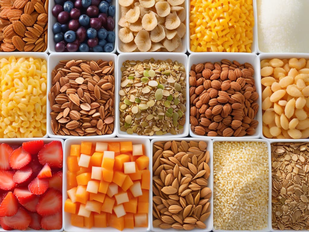  A closeup, ultradetailed image of a variety of colorful granolas and cereals arranged in a perfectly symmetrical and visually appealing pattern on a sleek, white marble countertop. Each piece is meticulously placed, showcasing the different textures, shapes, and vibrant hues of the ingredients. The natural light shining from the side highlights the intricate details and creates a captivating play of shadows, adding depth and dimension to the composition. hyperrealistic, full body, detailed clothing, highly detailed, cinematic lighting, stunningly beautiful, intricate, sharp focus, f/1. 8, 85mm, (centered image composition), (professionally color graded), ((bright soft diffused light)), volumetric fog, trending on instagram, trending on tumblr, HDR 4K, 8K