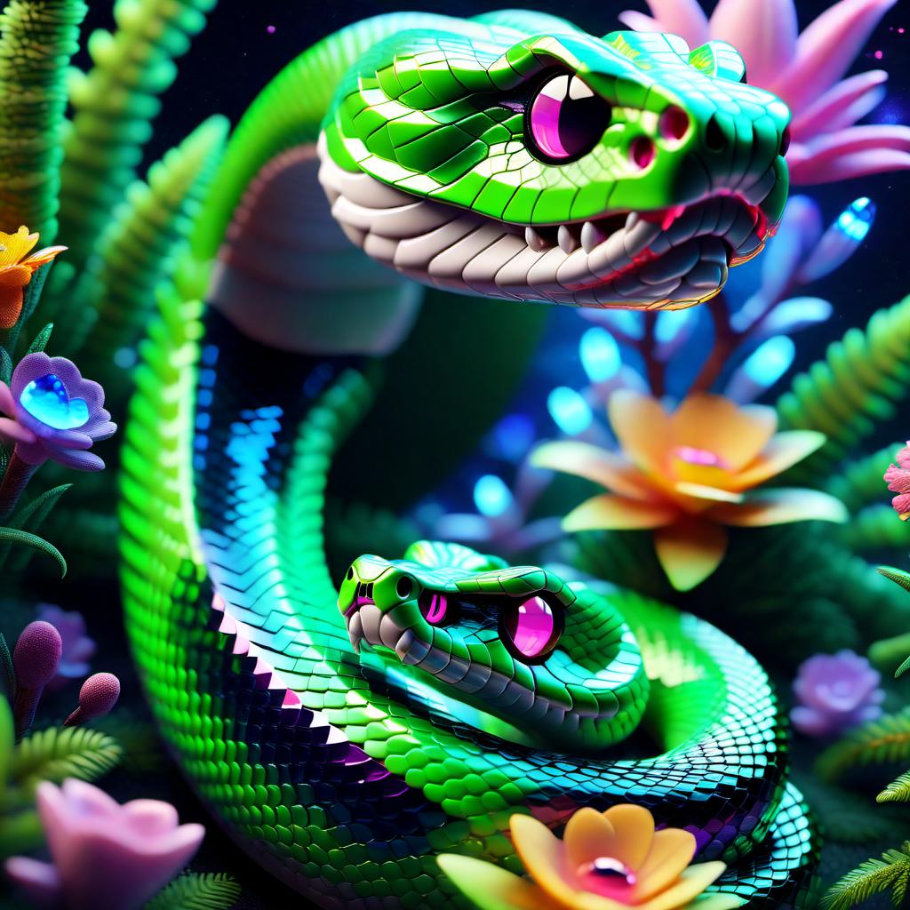  space-themed snake has multi-colored translucide crystals instead of scales, flowers made of multi-colored crystals, crystal flowers, bright green forest, alien landscape, perfect composition, exquisite attention to small details, realistic reflections, UHD, 8k, ultra-detailed texture, volumetric light, cinematic effects, masterpiece, trending on ArtStation, Octane 3D rendering, Mysterious . cosmic, celestial, stars, galaxies, nebulas, planets, science fiction, highly detailed