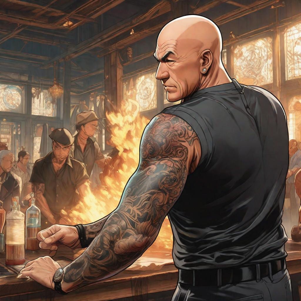  A bald man with a tattoo on his chest and a black short sleeved shirt throws a punch., anime concept art by Hayao Miyazaki, featured on pixiv, fantasy art, concept art, official art, high detailed hyperrealistic, full body, detailed clothing, highly detailed, cinematic lighting, stunningly beautiful, intricate, sharp focus, f/1. 8, 85mm, (centered image composition), (professionally color graded), ((bright soft diffused light)), volumetric fog, trending on instagram, trending on tumblr, HDR 4K, 8K