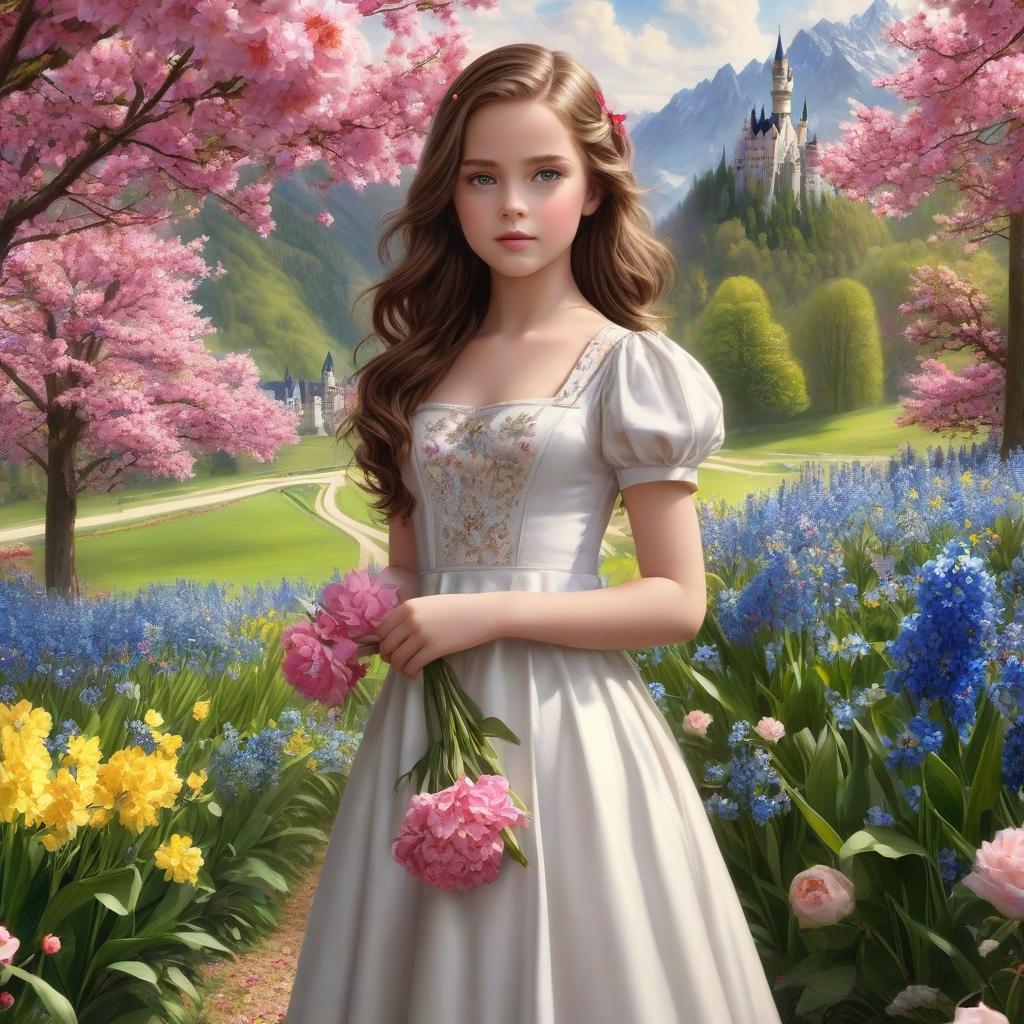  Neuschwanstein. A very pretty girl. Brown hair, blue eyes. Same eye size.((Sparkling rim)): spring field, hyacinths, roses, rosehips, rose hips, peonies, cherry tree, yellow, red, black flowers, forget me nots. hyperrealistic, full body, detailed clothing, highly detailed, cinematic lighting, stunningly beautiful, intricate, sharp focus, f/1. 8, 85mm, (centered image composition), (professionally color graded), ((bright soft diffused light)), volumetric fog, trending on instagram, trending on tumblr, HDR 4K, 8K