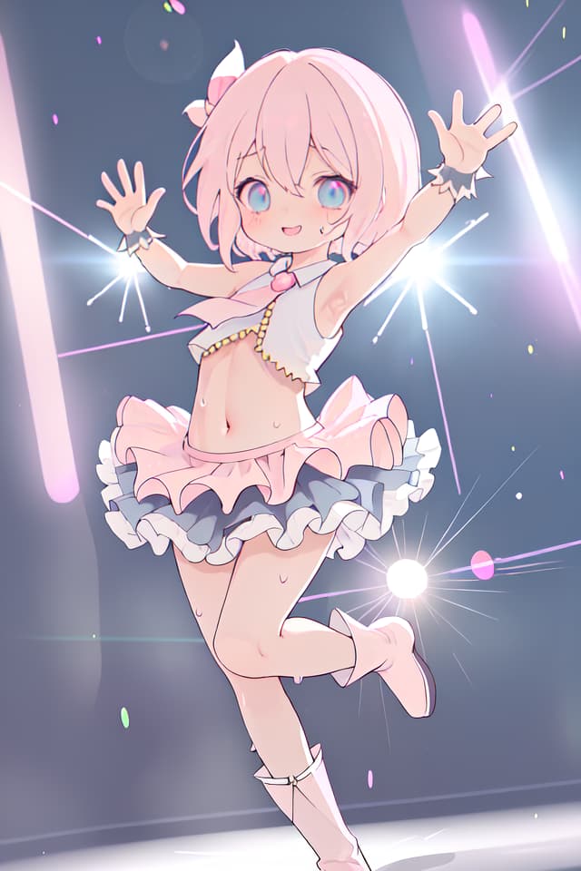  absurdres,highres,superlative,texture,contrast,top quality,masterpiece, [dynamic lightning,lens flare,motion blah],light particle,(pastel pink thema),(dynamic angle,madeon,dance stage) BREAK solo,,kawaii,[smile,shocked,sumg],looking at viewer,skinny,cute lip,large s,huge ,idol costume,frilled ,sleeveless,barestomach,short boots,dynamic posing,sweat,sweat splash,