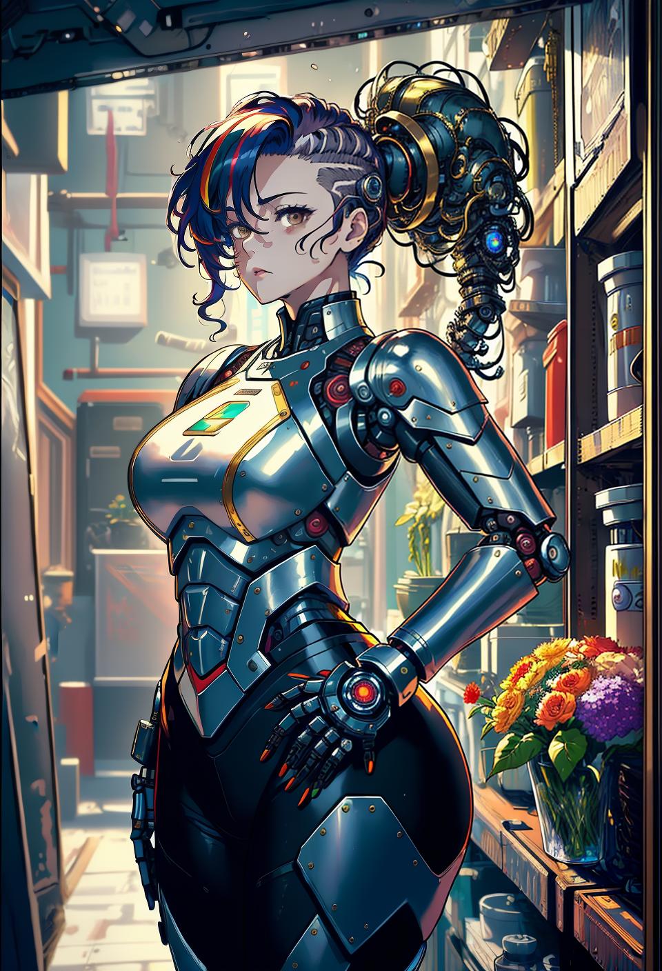  ((trending, highres, masterpiece, cinematic shot)), 1girl, mature, female wearing armor, large, florist shop scene, long curly rainbow hair, mohawk hairstyle,  brown eyes, robotic personality, bored expression, very pale skin, lively, lucky