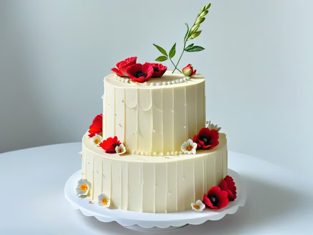  A highresolution image of a delicate, intricately decorated tiered cake standing on a sleek, modern cake stand. The cake is adorned with vibrant edible flowers and elegant piping designs, showcasing the artistry and craftsmanship that can be achieved using fair trade ingredients in baking. The background is a soft, neutral color to emphasize the beauty and detail of the cake, perfect for conveying the message of the impact and quality of fair trade ingredients in pastry making. hyperrealistic, full body, detailed clothing, highly detailed, cinematic lighting, stunningly beautiful, intricate, sharp focus, f/1. 8, 85mm, (centered image composition), (professionally color graded), ((bright soft diffused light)), volumetric fog, trending on instagram, trending on tumblr, HDR 4K, 8K