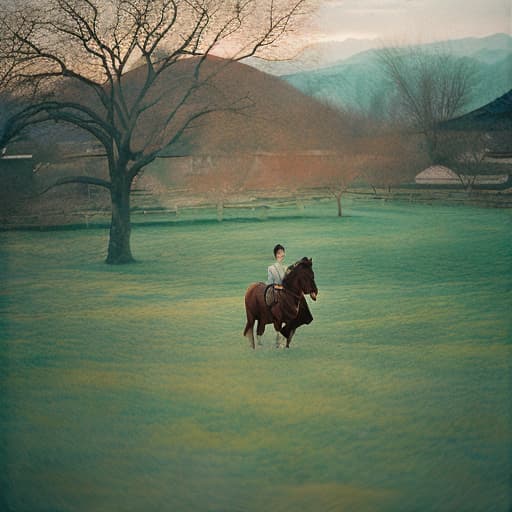 analog style Ancient Goguryeo. Beautiful sky. Pastelton's. Neat. Picture-like garden. A landscape with horses