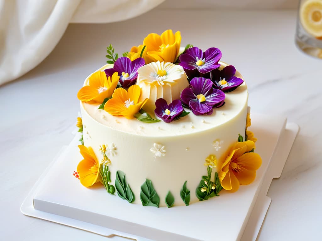  An ultradetailed photograph showcasing a beautifully decorated cake with intricate piping details, vibrant colorful frosting, and delicate edible flowers on top. The cake is elegantly displayed on a minimalist white marble background, with soft natural lighting emphasizing the textures and colors of the dessert. The image captures every tiny detail of the cake, from the shimmering sprinkles to the precise swirls of frosting, inviting the viewer to appreciate the artistry and skill involved in pastry creation. hyperrealistic, full body, detailed clothing, highly detailed, cinematic lighting, stunningly beautiful, intricate, sharp focus, f/1. 8, 85mm, (centered image composition), (professionally color graded), ((bright soft diffused light)), volumetric fog, trending on instagram, trending on tumblr, HDR 4K, 8K