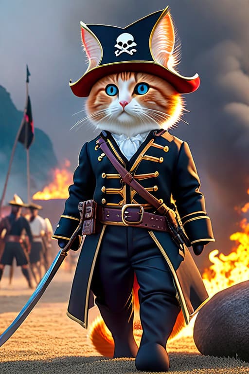  Flames burned, all around , The pirates cat, 8K hyperrealistic, full body, detailed clothing, highly detailed, cinematic lighting, stunningly beautiful, intricate, sharp focus, f/1. 8, 85mm, (centered image composition), (professionally color graded), ((bright soft diffused light)), volumetric fog, trending on instagram, trending on tumblr, HDR 4K, 8K