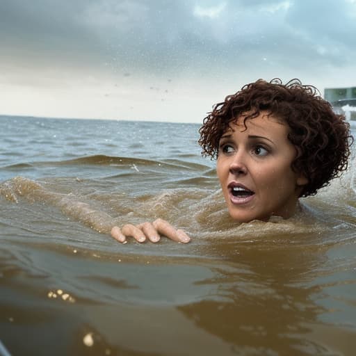  tanned woman with short and curly haircut is in the water up to her cheeckboones she's panic she's drowning