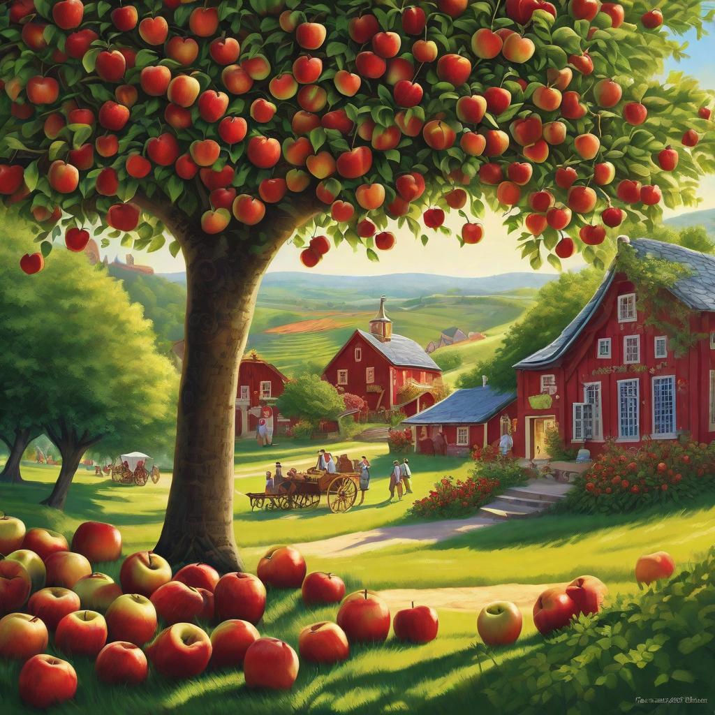  Prompt: Imagine a quaint, picturesque village nestled amidst lush green fields on a sunny day. In the heart of this village is a gigantic apple tree, abundant with juicy red apples, casting a wide cooling shade beneath it. A group of diverse village folk, young and old, men, women, and ren; are gathered underneath, their happy and relaxed faces painted with tranquility. Some picnic blankets, some lounging on the soft gr, a few perched on the tree nches, all engrossed in a heartwarming scene. There are two key characters generating the enchantment - a young with freckled cheeks and bright red hair in two high ponytails, wearing a yellow sundress, enchanting everyone with her piano skills, and a slightly o hyperrealistic, full body, detailed clothing, highly detailed, cinematic lighting, stunningly beautiful, intricate, sharp focus, f/1. 8, 85mm, (centered image composition), (professionally color graded), ((bright soft diffused light)), volumetric fog, trending on instagram, trending on tumblr, HDR 4K, 8K