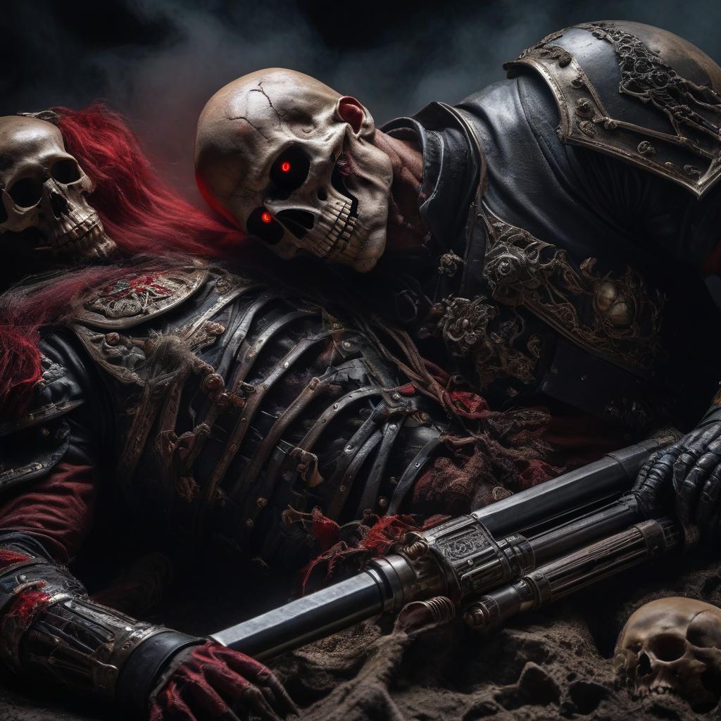  A corpse, a red eye, armor, a mace, a flashlight, half a face a skull, decaying skin. hyperrealistic, full body, detailed clothing, highly detailed, cinematic lighting, stunningly beautiful, intricate, sharp focus, f/1. 8, 85mm, (centered image composition), (professionally color graded), ((bright soft diffused light)), volumetric fog, trending on instagram, trending on tumblr, HDR 4K, 8K