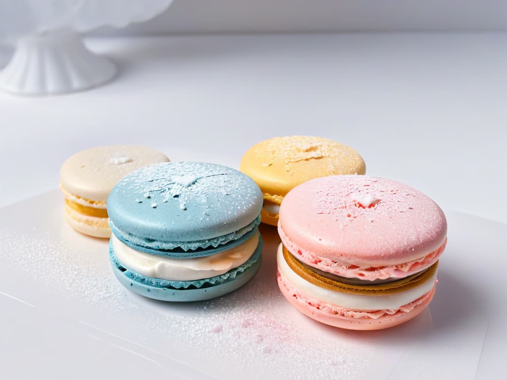  A closeup, ultradetailed image of a single perfectly baked and beautifully decorated macaron, showcasing its smooth, glossy surface, delicate feet, and intricate decorations in vibrant colors that pop against a clean, white background. Each tiny detail, from the precise piping work to the dusting of edible glitter, is meticulously displayed, emphasizing the artistry and craftsmanship behind creating the perfect French macaron. hyperrealistic, full body, detailed clothing, highly detailed, cinematic lighting, stunningly beautiful, intricate, sharp focus, f/1. 8, 85mm, (centered image composition), (professionally color graded), ((bright soft diffused light)), volumetric fog, trending on instagram, trending on tumblr, HDR 4K, 8K